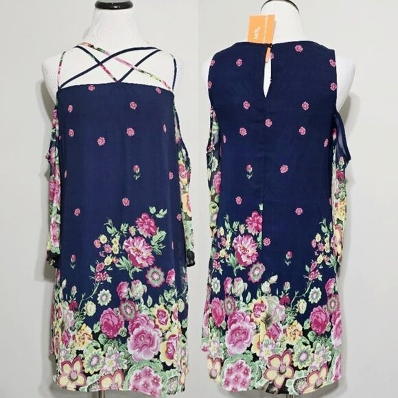 New Mitto Floral Print Dress M Womens Lined Strappy Cold Shoulder 3/4 Sleeve - Picture 3 of 12